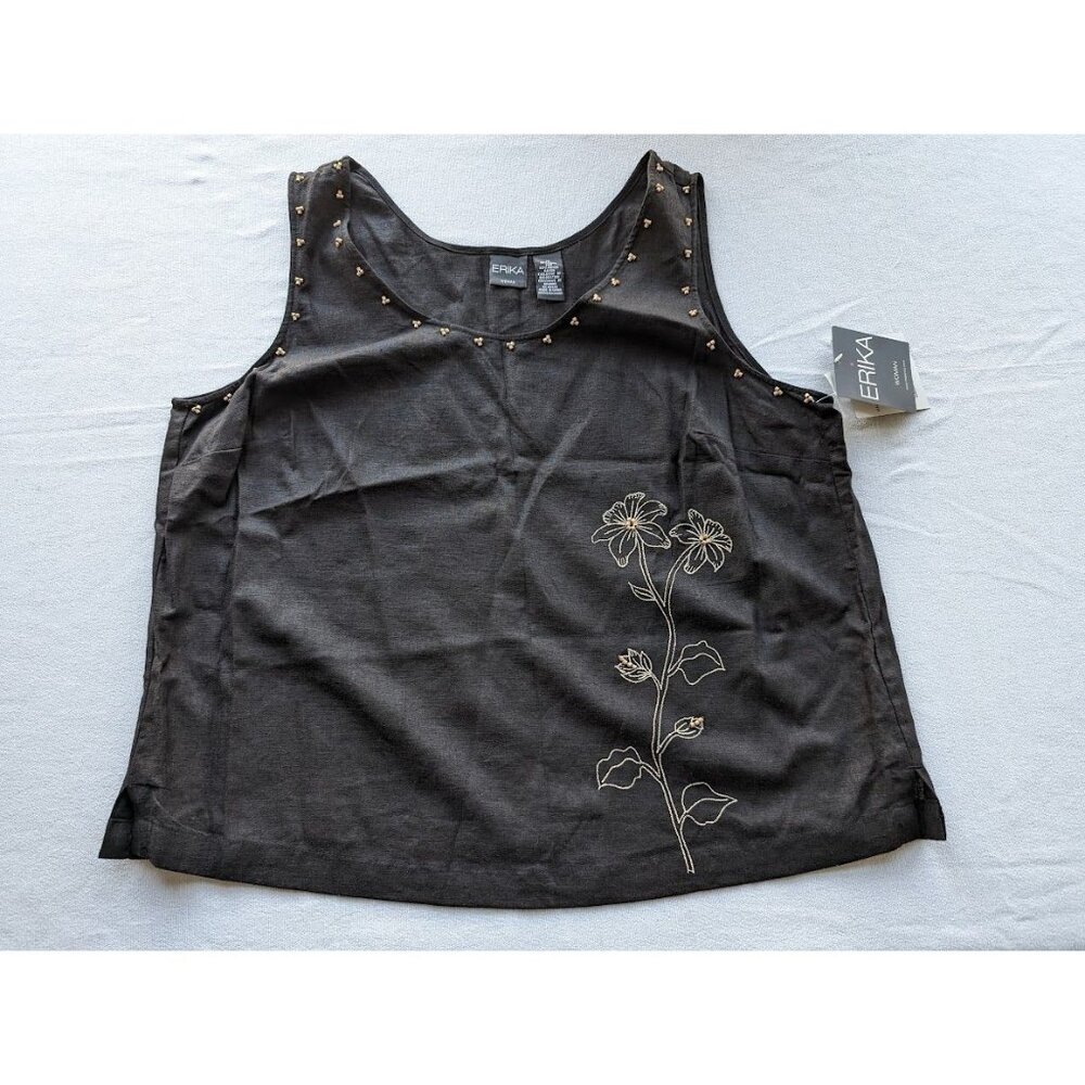 Women's Erika Embroidered Linen Blend Tank Top Size 1X Floral Beaded Shirt‎ NEW